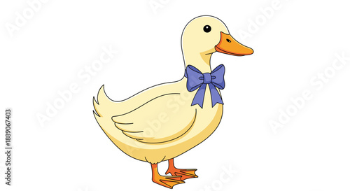 Cute duck wearing a blue bow tie stands gracefully against a plain background, making it perfect for children's illustrations, spring greetings, or educational materials showcasing.