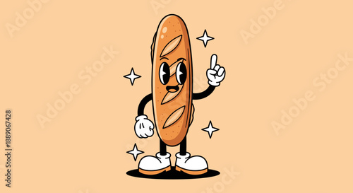 Cartoon Baguette Character with Retro Animation Style Giving Advice - Classic Mascot for Bakery Products, Food Branding, Vintage Marketing, Restaurant Advertising, or Cookbook Desi.