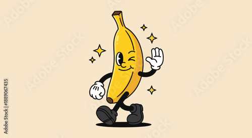 Cartoon Banana Character Walking with a Waving Hand and Winking Eye, Bringing Whimsical Fun to Animation, Mascot Design, and Food-Related Projects, Evoking Joy and Vintage Style Il.