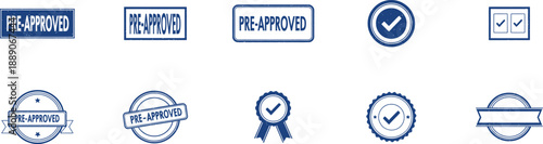 Pre-Approved Rubber Stamp Vector Collection Featuring Blue Grunge Seals Checkmarks and Ribbon Badges for Official Document Status and Financial Processes