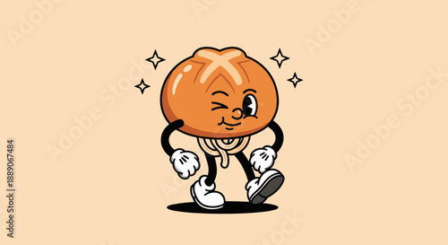 Cartoon bao bun character winking with sparkling stars embodies playful culinary charm, ideal for food-related design projects, restaurant branding, or creating a joyful atmosphere.