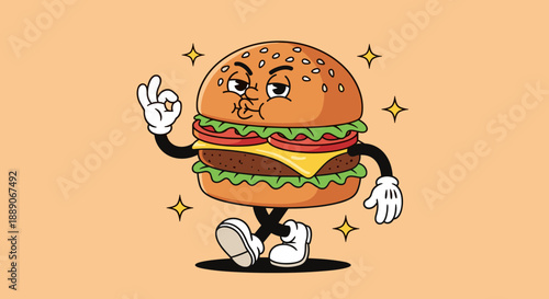 Smiling Hamburger Character with Okay Gesture Offers Delicious Food and Satisfying Flavors, a Retro Cartoon Mascot for Fast Food Marketing, Restaurant Promotion, and Nostalgic Bran.