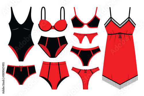 Collection of red and black women's swimwear and lingerie