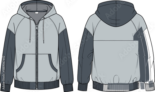 Technical fashion sketch of a hooded jacket with front and back views for apparel design, streetwear, and manufacturing.