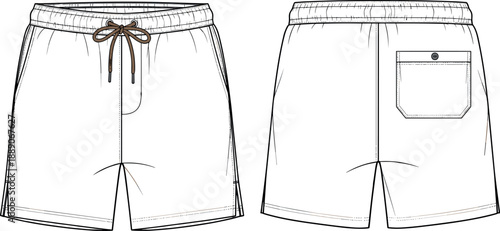 Technical flat sketch of men's casual swim shorts with drawstring waist, side pockets, and back pocket, white background.