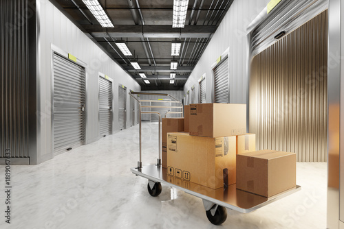 Storage facility, Self storage operations. Cardboard boxes placed on transport cart inside secure storage corridor, goods organization, rental storage and logistics services.