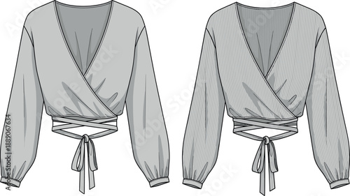 Women wrap top fashion technical sketch showing long sleeve cropped blouse with waist tie for apparel design templates