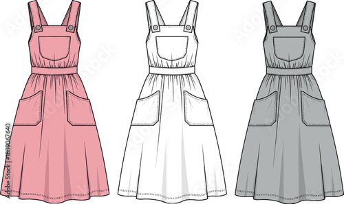 Women pinafore overall dress technical sketch showing front view of midi skirt with pockets for fashion apparel design
