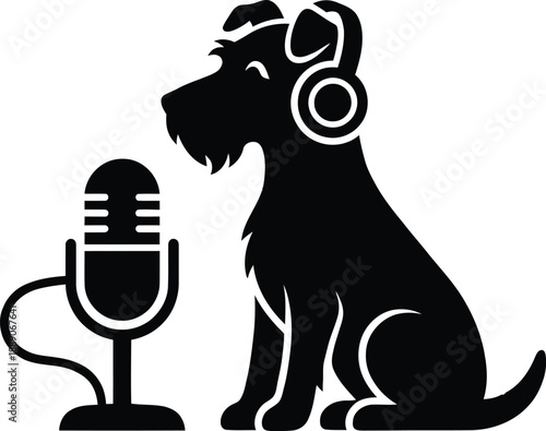 Dog Podcasting Silhouette Vector – Cute Canine with Microphone and Headphones Illustration