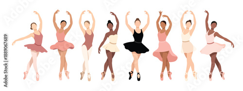 Group of diverse ballerinas dancing in various poses