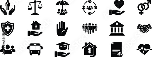 People society and business icons set encompassing concepts like support, justice, protection, community, love, gender, health, finance, teamwork, education, and the legal system.