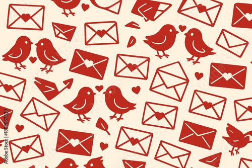 Romantic pattern of birds and love letters in a whimsical style