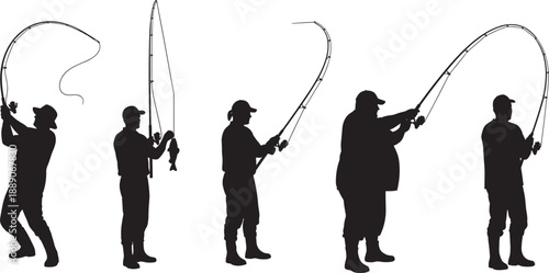 Black Silhouette Vector Set of Professional Fishermen and Anglers Casting Lines and Catching Fish for Outdoor Recreation Sport Fishing Hobby and Marine Lifestyle Designs
