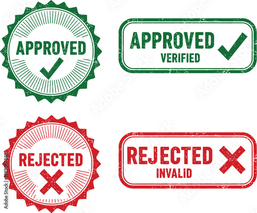 Grunge Rubber Stamps Vector Collection Featuring Green Approved Verified and Red Rejected Invalid Seals for Official Document Status