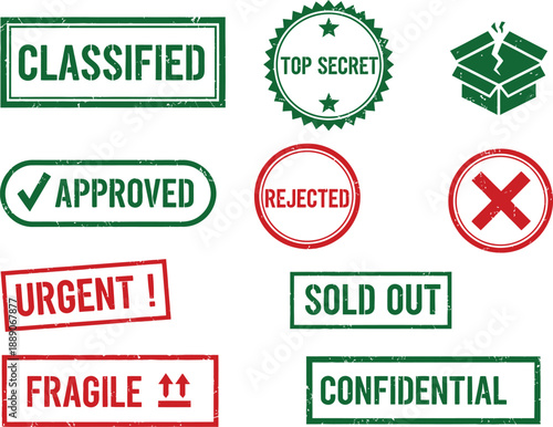 Collection of grunge rubber stamps classified top secret approved rejected urgent fragile sold out confidential with checkmark and cross symbols.