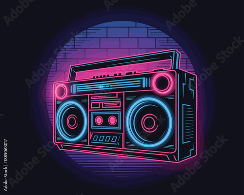 Vibrant neon boombox illustration against brick wall