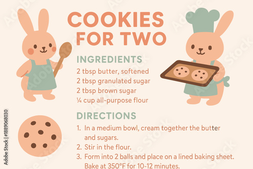 Baking recipe for Cookies for Two featuring cute cartoon bunnies and simple instructions