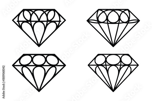 Set of four diamond icons, geometric gemstone outline art