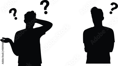 A collection of human silhouette icons depicting various emotions and poses confusion happiness contemplation and surprise.