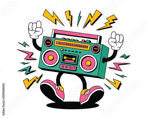 Cartoon boombox character dancing with music