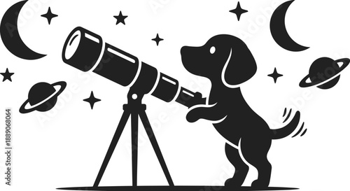 Dog Astronomy Silhouette Vector – Cute Canine Stargazing with Telescope Illustration