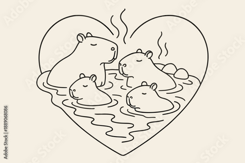 Outline illustration of capybaras relaxing in a heart-shaped hot spring