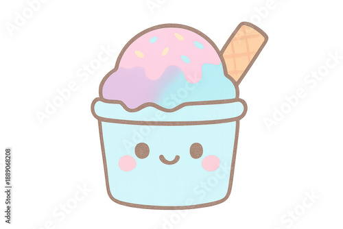 Cute smiling ice cream cup with pastel scoops