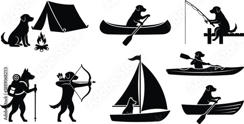 Dog Outdoor Adventure Silhouette Vector Set – Camping, Fishing, Hunting, Archery, Boating, Kayaking, Canoeing, and Sailing Illustration