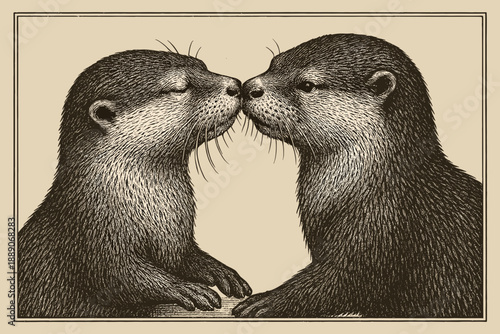 Engraved illustration of two otters touching noses in an affectionate manner