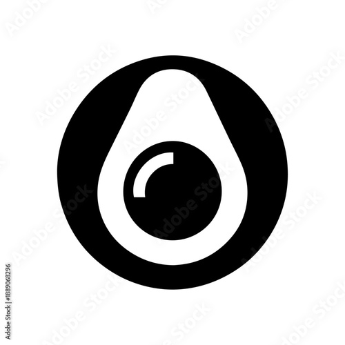Abstract avocado fruit logo in circle, minimalist negative space vector for healthy snack brand.
