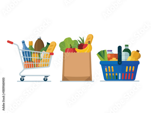 Grocery shopping essentials in cart, bag, and basket