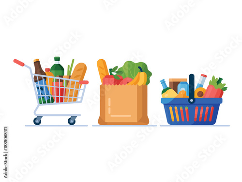 Grocery shopping essentials with cart and baskets