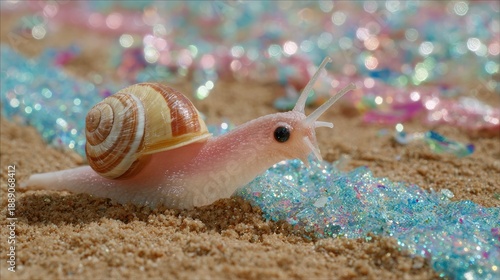 Snail Exploring a Glittering Beach Coastal Area Macro Photography Vibrant Environment Close-Up Viewpoint Nature's Beauty Revealed