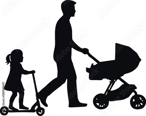 Family outing silhouette with stroller and scooter, parent walking with children, outdoor activity, bonding, mobility, urban lifestyle, minimal vector art