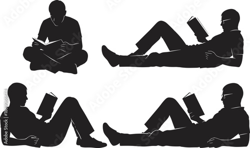 Black Silhouette Vector Set of Young Men Reading Books in Relaxed Poses Sitting and Laying Down for Education Literature Study and Lifestyle Graphic Design Projects