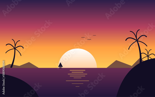 Tropical island sunset with palm trees and sailboat, minimal ocean seascape with sun reflection, flat vector illustration of serene summer landscape and travel destination