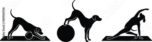 Dog Pilates Silhouette Vector – Cute Canine Performing Fitness and Stretching Exercises Illustration