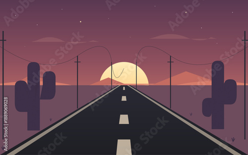 Endless desert highway at sunset with cactus silhouettes and power lines, empty road leading to horizon under warm dusk sky, minimalist flat vector illustration symbolizing travel and freedom