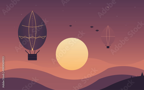Hot air balloons floating over rolling hills at sunset, minimalist dreamy landscape with warm sky and soft gradients, flat vector illustration symbolizing freedom, travel, and imagination