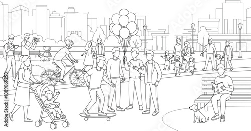 Lively Urban Park Scene. Families, Cyclist, Balloons, Stroller, Skateboard, Dog, Trees, Buildings, Benches, Community, Interaction, Leisure, Technology, Diversity, Joy