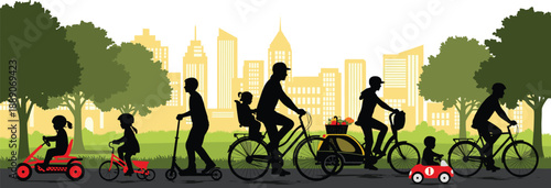 Urban Park Riders. Kids, Adults, Bicycles, Scooters, Go-Karts, Toy Cars, Trees, Skyline, Movement, Family Fun, Eco-Friendly, Community, Joy