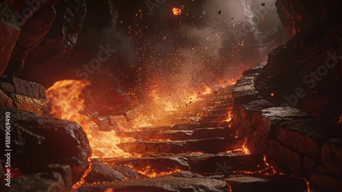 Dramatic flaming stone stairs descending into dark hellish underworld. An infernal pathway through fiery volcanic cave with burning fire