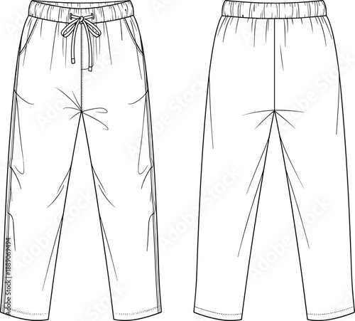 CAD Drawing Flat Vector Illustration of Unisex Elastic Waist Drawstring Lounge Pants Technical Fashion Sketch Front and Back View for Apparel Design
