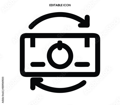 Black outline icon depicting a dollar bill with circular arrows indicating a return