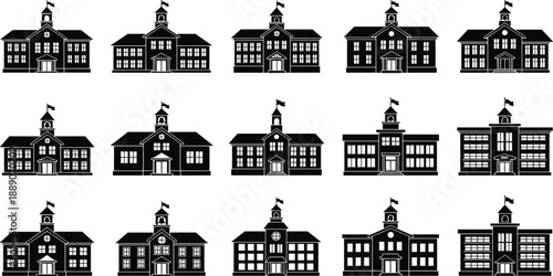 Collection of classic school building silhouettes with flags showcasing educational architecture in black and white isolated vector illustration set