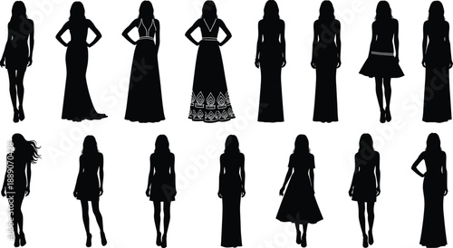 Collection of elegant female fashion silhouettes showcasing women in dresses and gowns posing stylishly black and white isolated vector illustration set