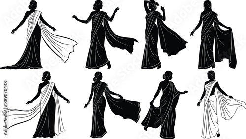 Collection of elegant Indian woman sari silhouettes in graceful dancing poses showcasing traditional cultural fashion black and white vector illustration set