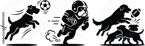 Dog Ball Sports Silhouette Vector Set – Soccer, American Football, and Rugby Canine Illustration