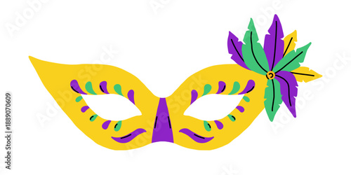 Vector yellow mardi gras mask with purple and green feather decoration. Festive carnival masquerade costume accessory for party, parade, holiday celebration, invitation, poster or social media design.