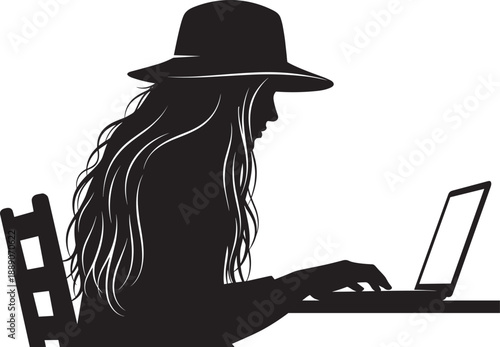 Black silhouette of a young woman with long hair wearing a hat sitting at a desk and working on a laptop computer isolated on white.